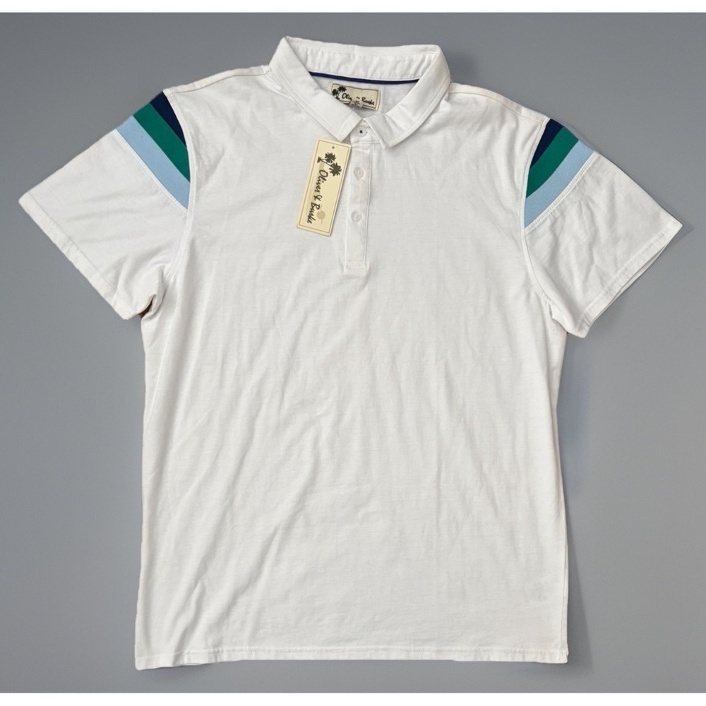 New NWT Oliver & Burke Short Sleeve Polo Shirt White Green Blue Striped XL JBHS